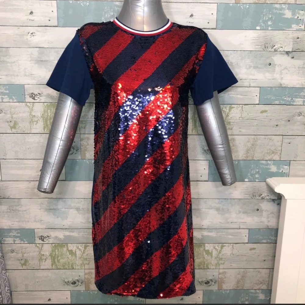 NWT Flag Blue/Red TOMMY HILFIGER Sequin Short Sleeve Dress, girl size XL(16)